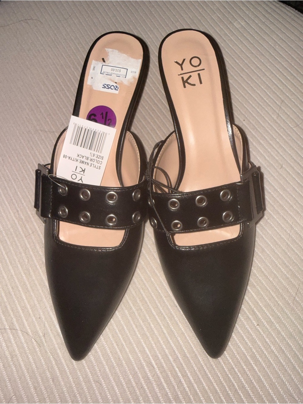 Yoki Black Pointed Slip-On Mule with Grommet Strap